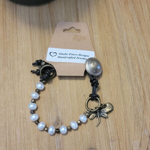 NEW Amalie Peters Ivory Pearl Brown Leather Button Boho Bracelet